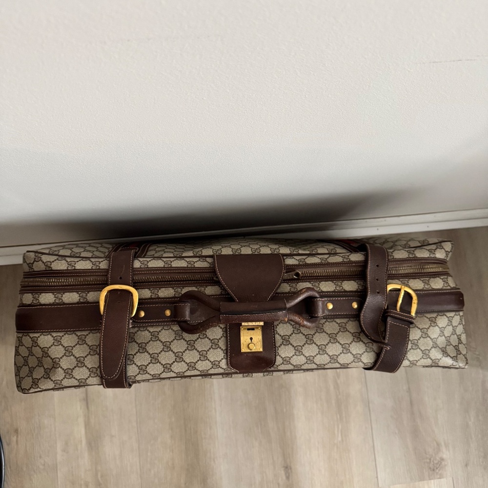 Vintage 1970 Gucci GG Supreme Suitcase Web Stripe Monogram Canvas Gold Closure - Picture 7 of 15